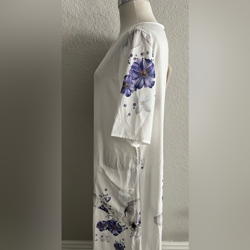 C.O.Z.Y white w purple flowers long house coat dress / nightgown loungewear XL - Picture 4 of 5
